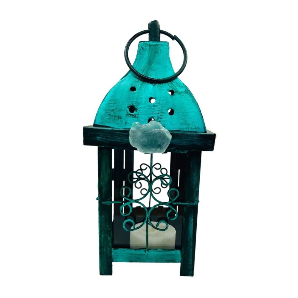 Artisan Crafted Candle Metal Lantern Hand-Painted Turquoise Sea Glass and Conch